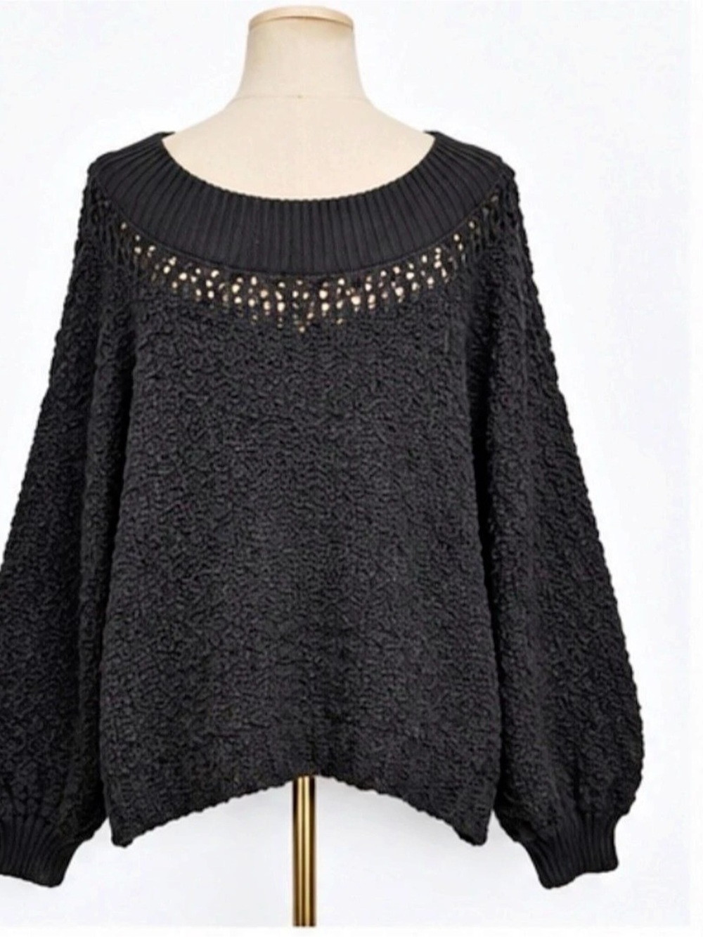 Free People Black Chunky Knit Oversized Sweater Size M Open Knit Boho Pullover